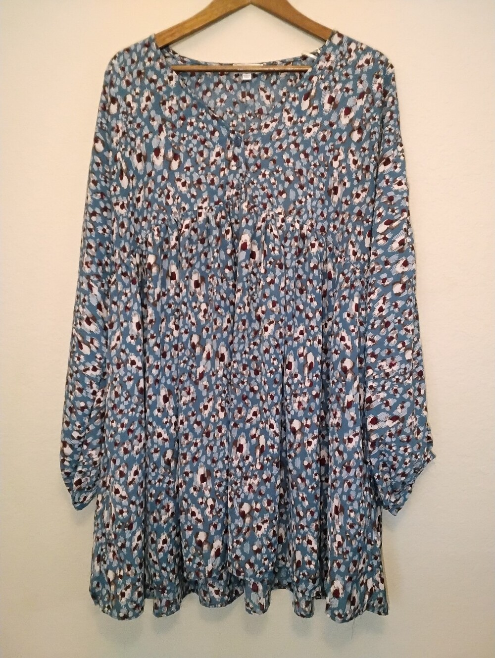 Umgee Babydoll Dress‎ Womens Medium Teal Brown Grey Animal Print Brunch Event